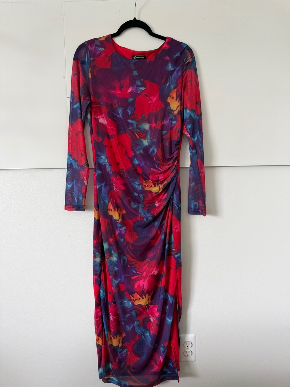 Ruched Long Sleeve Floral Midi Dress - Red Multi